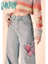 Lunivop American New Butterfly Embroidered Raw Edge Jeans Female Y2K Street Complex Gothic Punk